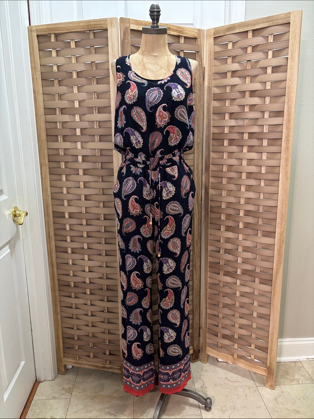 TORY BURCH 100% Silk Paisley Jumpsuit Sleeveless Blue Boho Wide Leg Cottagecore